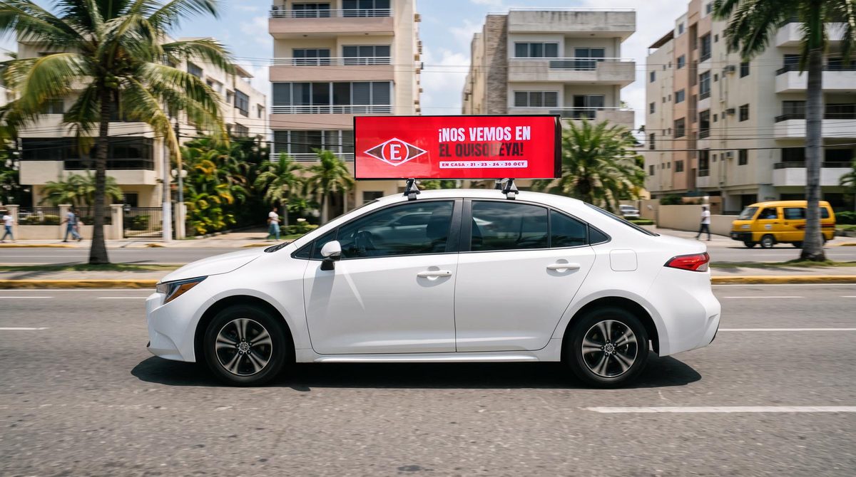 Carro de Ride Media con el arte Nos vemos en el Quisqueya en la pantalla del techo